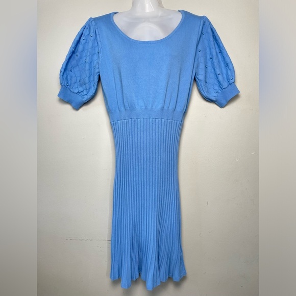 Nanette Lepore Blue Pearl Puff Short Sleeve Cinched Waist Pleated Dress Large - Picture 2 of 9